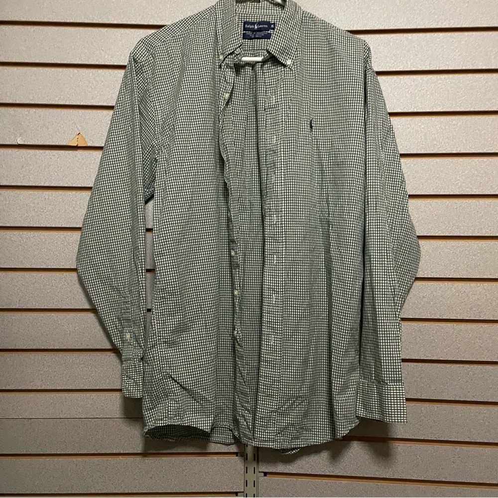 Ralph Lauren Men’s XL Long Sleeve Button Up Shirt Green White Checked 100 Cotton